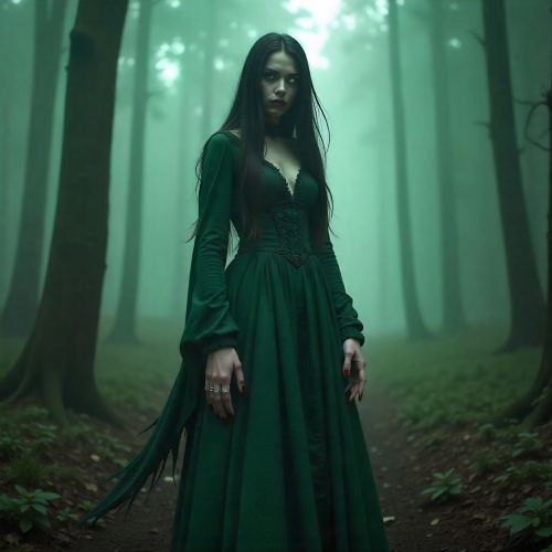 Baobhan Sith, a hauntingly beautiful fairy woman stands in a mist-filled forest clearing, wearing a flowing green medieval dress.