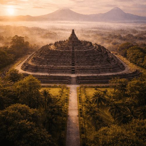 Borobudur Temple at sunrise, mist rolling across the Kedu Plain