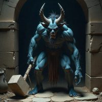 Charun from Etruscan mythology, depicted as a blue-skinned death daemon with a grotesque tusked face