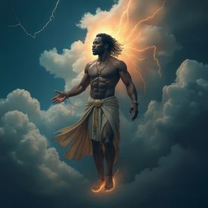 Chauta as a divine cosmic entity emerging from storm clouds