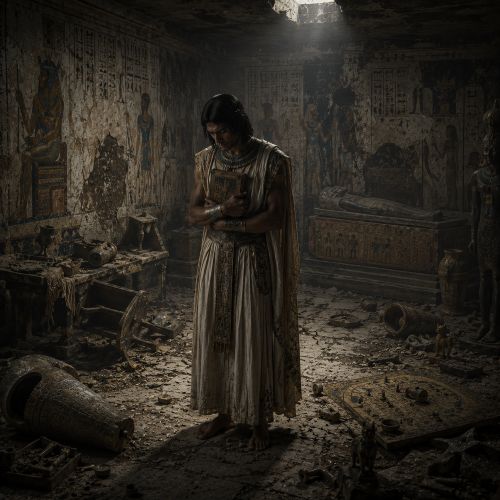 a dimly lit ancient Egyptian tomb. Prince Setna stands holding the glowing Book of Thoth before the Curse of Setna