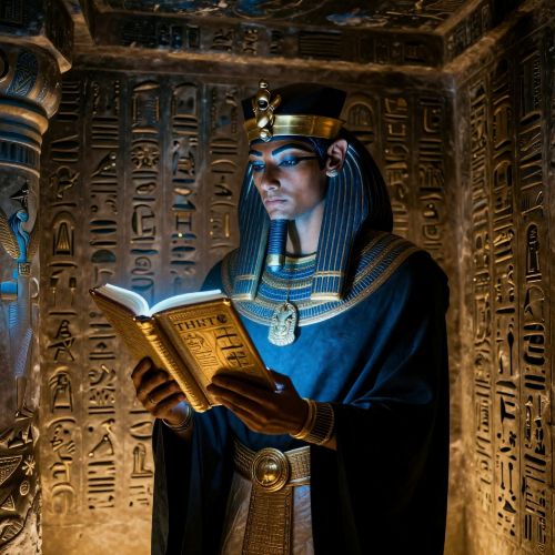 a dimly lit ancient Egyptian tomb. Prince Setna stands holding the glowing Book of Thoth before the Curse of Setna
