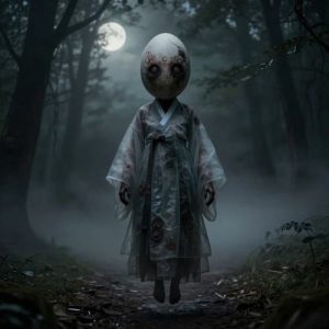 Dalgyal Gwishin, a faceless Korean ghost with a smooth, egg-shaped head and faintly translucent humanoid form