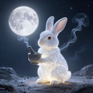 Daltokki, A glowing moon rabbit standing on a luminous lunar surface