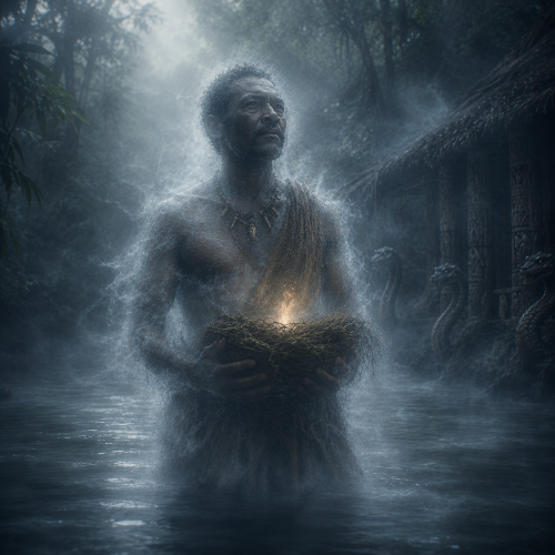 Emakong, a Baining culture hero from Papua New Guinea, rising from a shimmering forest stream