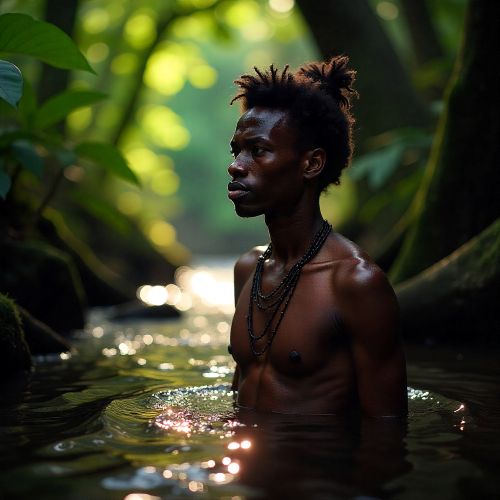 Emakong, a Baining culture hero from Papua New Guinea, rising from a shimmering forest stream