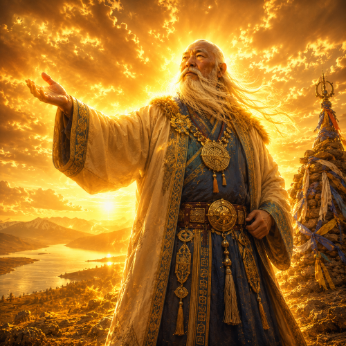A majestic sky-father deity towering above the endless Siberian steppe, depicted as Esege Malan
