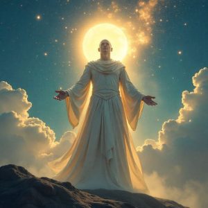 A majestic sky-father deity towering above the endless Siberian steppe, depicted as Esege Malan