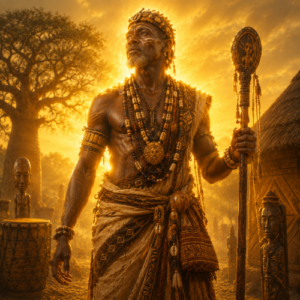 Gbayi as an ethereal figure made of radiant golden light
