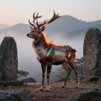 Mythlok - Girin A majestic Girin standing in a serene Korean mountain landscape at dawn