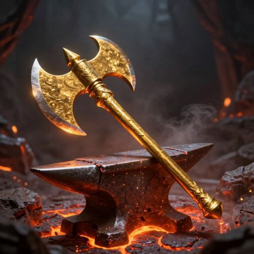 the Golden Axe of Hephaestus resting on an ancient volcanic forge