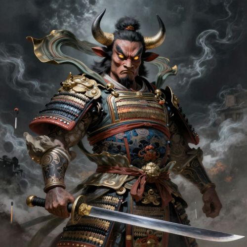 Gozu Tennō as an ox-headed divine guardian, towering and muscular with a powerful humanoid body