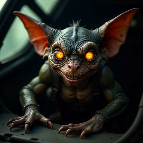 Gremlin inside a World War II fighter aircraft engine bay