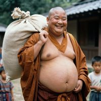 Mythlok - Hotei Hotei standing outdoors with a glowing smile