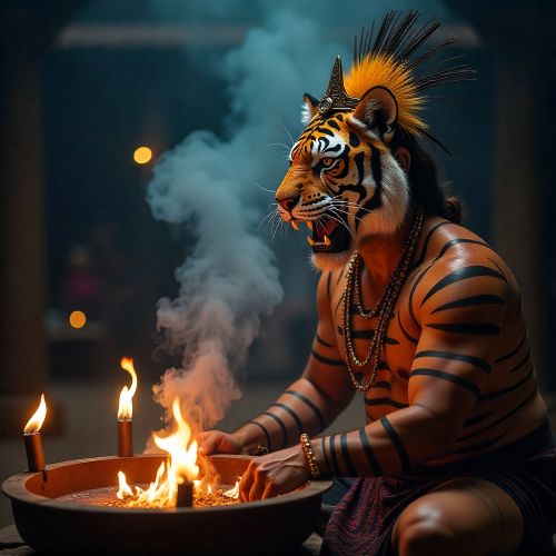 Huli Daiva, the Tiger Spirit of Tulu Nadu, emerging during a Bhuta Kola ritual.