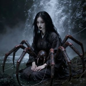 orogumo from Japanese folklore, depicted as a hauntingly beautiful woman with long black hair