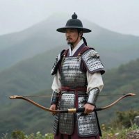 portrait of Jumong, founder of Goguryeo, depicted as a regal Korean warrior-king