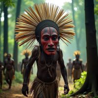 Mythlok - Kakungu Kakungu, the towering Suku initiation spirit: a giant wooden mask with red cheeks