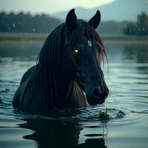 Kelpie in its horse form, standing half-submerged at the edge of a dark Scottish loch at dawn.