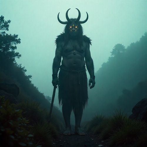 A towering ancestral spirit named Kembu emerging from the fog of the Baliem Valley