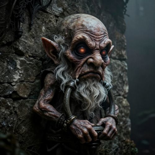 gnome-like Knocker in a dimly lit Cornish tin mine, wearing miniature miners’ clothing