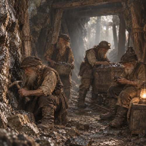 Four Knockers, depicted as weathered, bearded mine spirits in traditional work clothes, labor inside a dimly lit Cornish tin mine