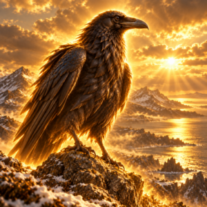 Kuutkh, the Raven creator of northeastern Siberian mythology, surrounded by a divine golden glow on a snow-covered Arctic mountain overlooking a misty fjord at sunset.