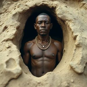 Matsieng from Tswana tradition, semi-divine and non-human yet humanoid, emerging from an ancient sandstone fissure in the earth