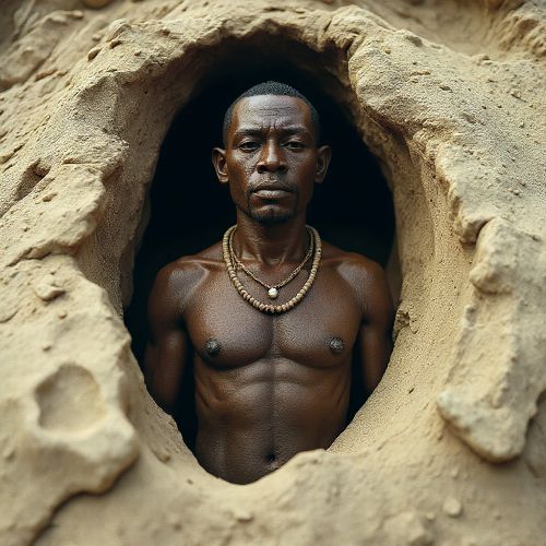 Matsieng from Tswana tradition, semi-divine and non-human yet humanoid, emerging from an ancient sandstone fissure in the earth