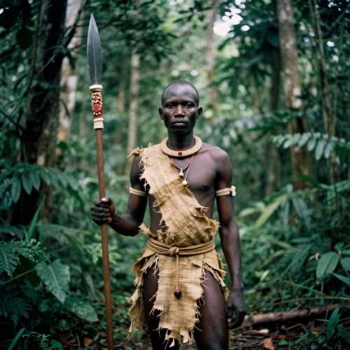 Mekuku, the heroic warrior of Fang mythology, depicted as a tall, muscular Central African figure standing in a dense equatorial forest.