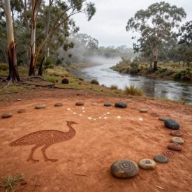 Mythlok - Murri_ Queensland landscape at dawn, with mist rising over a winding river bordered by eucalyptus forests and freshwater wetlands representing Murri Mythology