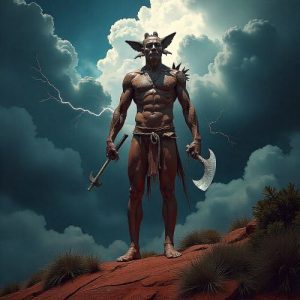Namarrkon, the Aboriginal Lightning Man, towering within storm clouds over Arnhem Land.