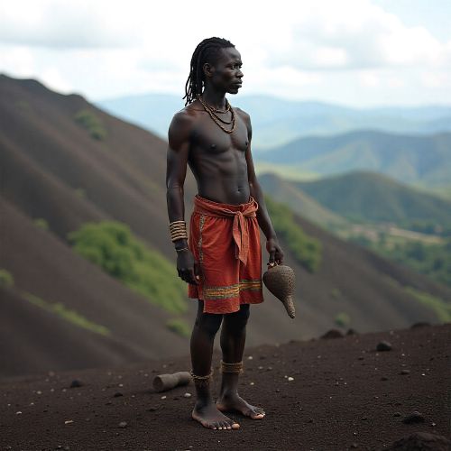 Nkya from Nkole oral tradition, portrayed as an early human figure standing on barren primordial earth