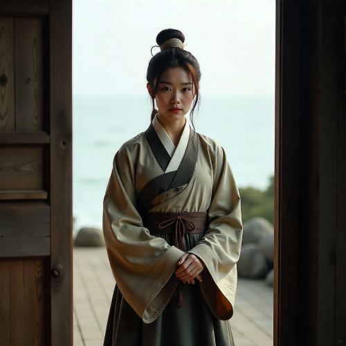 Noiljadae as a Jeju mythological figure, depicted as a solemn Korean woman standing at the wooden threshold of a traditional Jeju home