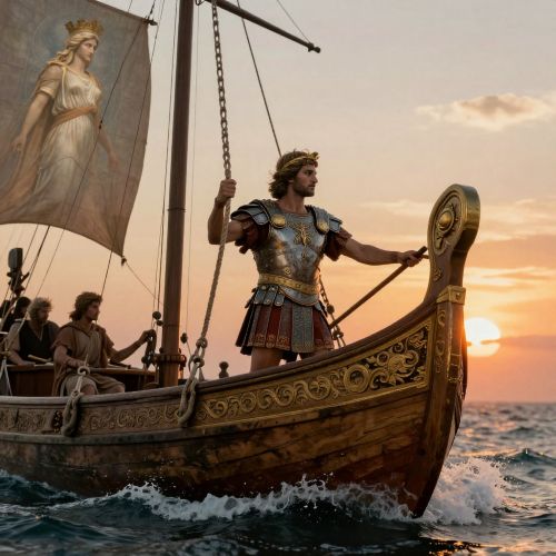 portrait of Odysseus standing on the deck of a weathered ancient Greek ship