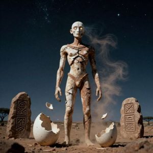 Ogo, the primordial being from Dogon cosmology, depicted in his original unfinished divine form before transformation
