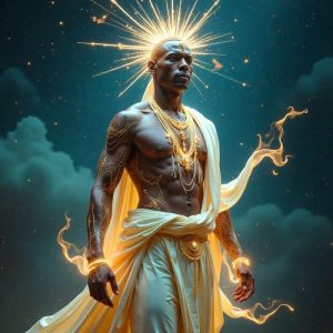 Olorun, composed of radiant celestial light rather than solid flesh, standing within an endless sky realm.