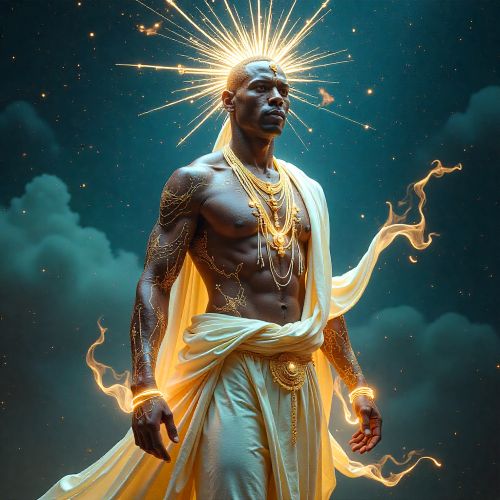 Olorun, composed of radiant celestial light rather than solid flesh, standing within an endless sky realm.