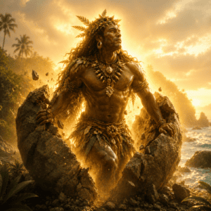 Qat, the Melanesian creator spirit of the Banks Islands, depicted as a slightly humanoid divine being emerging from a split volcanic stone