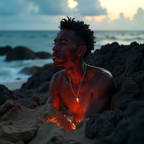 Qat, the Melanesian creator spirit of the Banks Islands, depicted as a slightly humanoid divine being emerging from a split volcanic stone