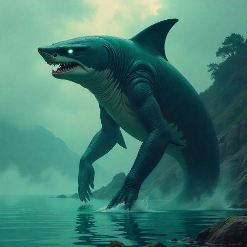 A towering shark-humanoid Samebito standing at the edge of a misty lake