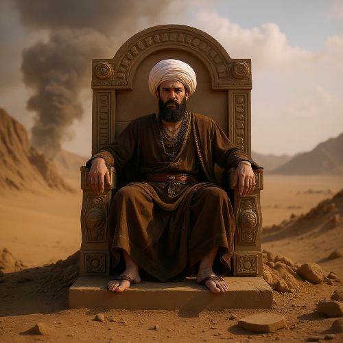 Image representing the Shahnameh: an ancient Persian king seated on a weathered stone throne at the center of a vast, timeless landscape