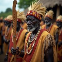 A regal but stern Nyanga chief named Shemwindo standing in a traditional Congolese village setting