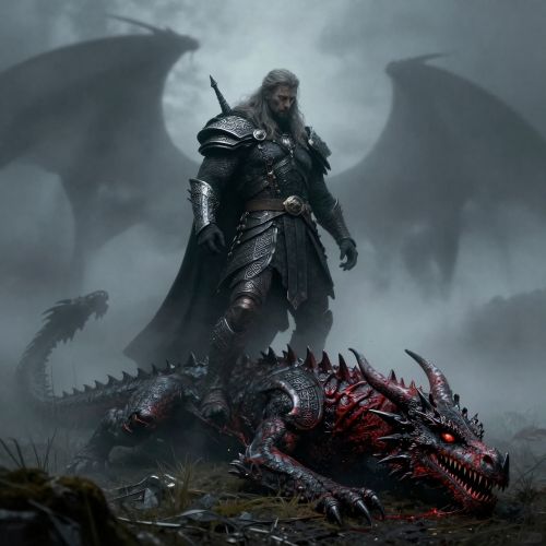 Sigurd standing beside the fallen dragon Fafnir before using Sigur'd Dragon Blood boon