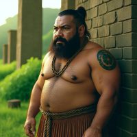 Mythlok - Taga Taga, a towering ancient Chamorro giant chief, standing beside massive latte stone pillars