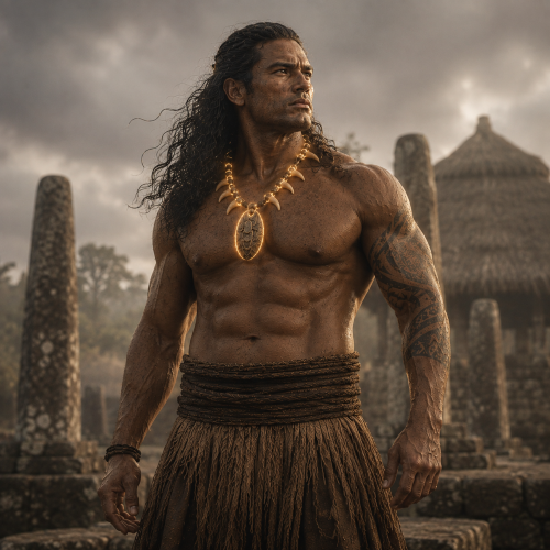 Taga, a towering ancient Chamorro giant chief, standing beside massive latte stone pillars
