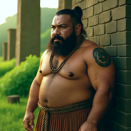 Taga, a towering ancient Chamorro giant chief, standing beside massive latte stone pillars