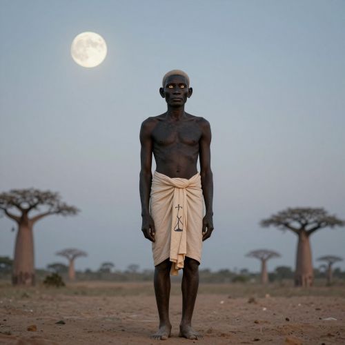 A tall humanoid divine figure representing Takhar from Serer belief