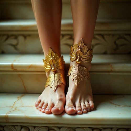 alaria resting on ancient marble steps, crafted from luminous gold with delicate feathered wings at the ankles