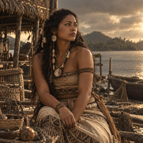 Tarisso, the mortal mother of Olifat, seated in a traditional Caroline Islands coastal village beside the Pacific Ocean.